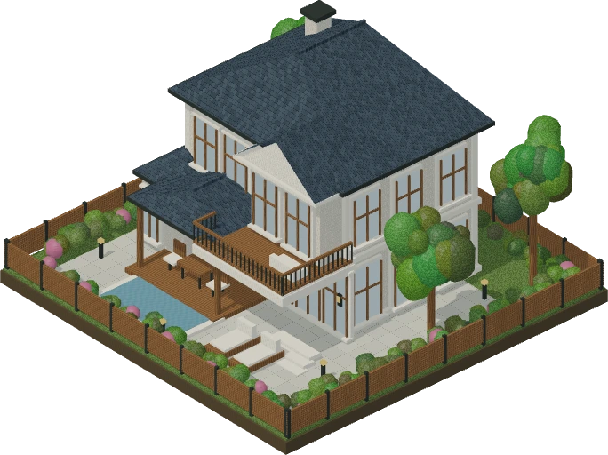 Original 3D garden residence with slate roofs, a timber terrace, pool and planting