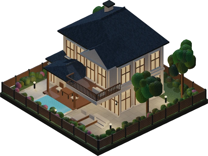 The original Garden Residence model at night, illuminated by warm windows, garden lights and cool moonlight